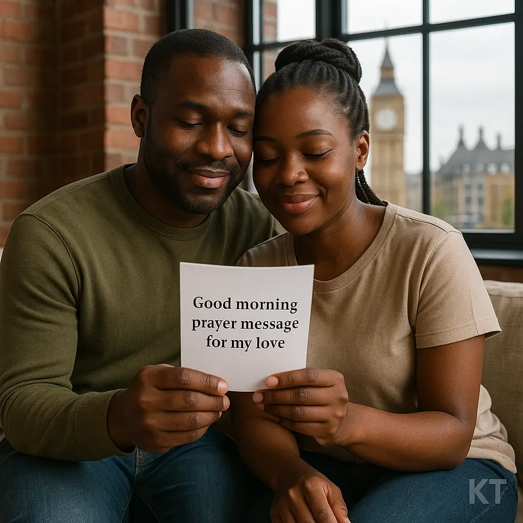 African couple sharing good morning prayer message for my love moment in London apartment
