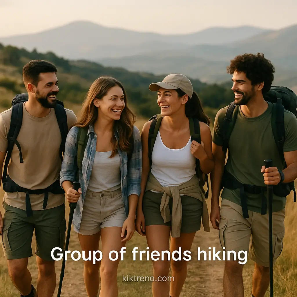 Group of friends hiking with short hiking captions for Instagram quote examples..