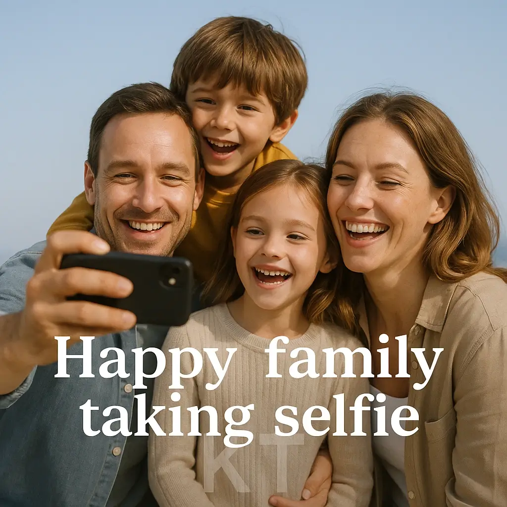 Happy family taking selfie with short family captions for instagram overlay