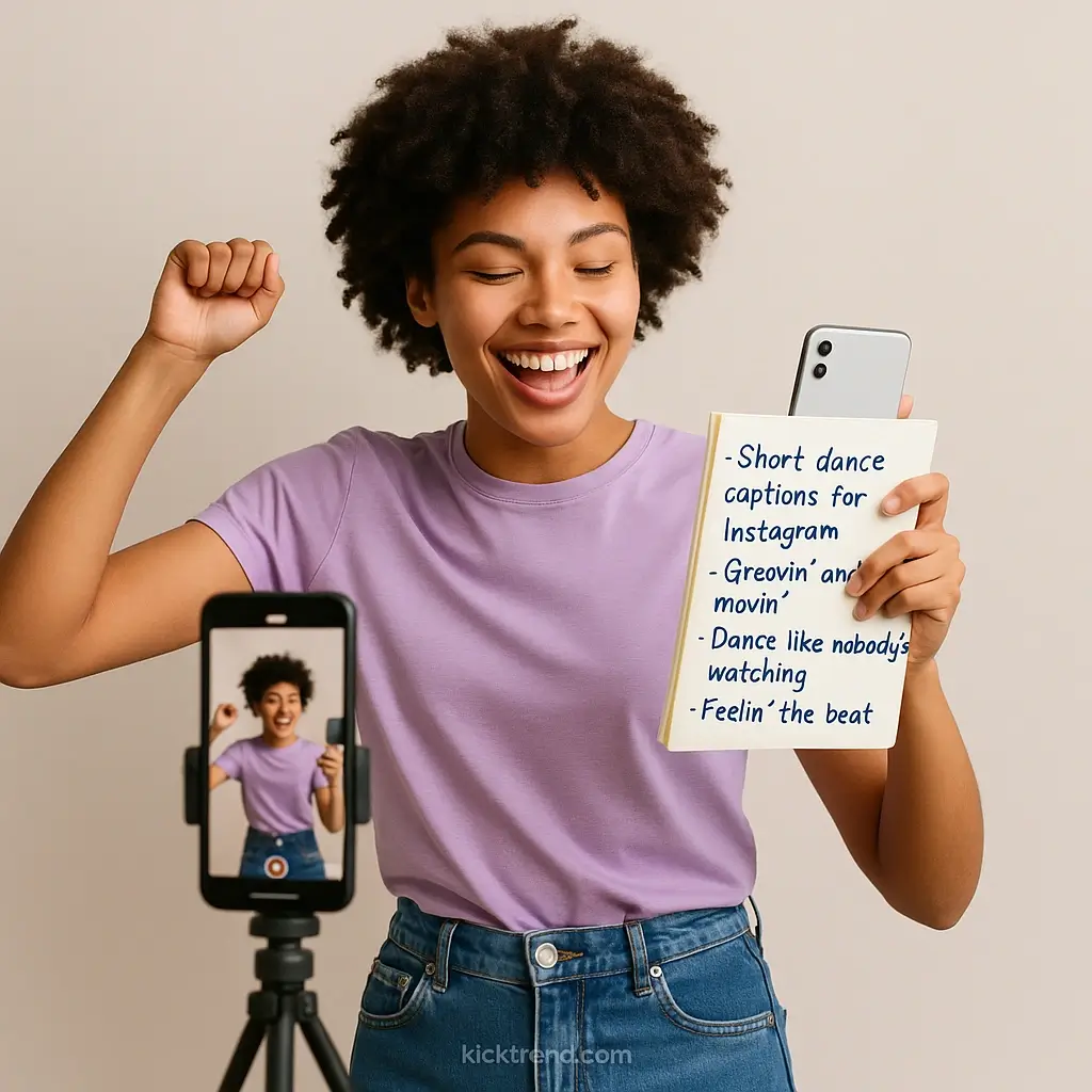 Young creator crafting playful short dance captions for Instagram while recording a lively dance video