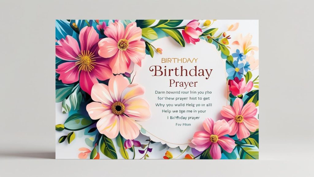 Beautiful birthday prayer card with floral design and spiritual message