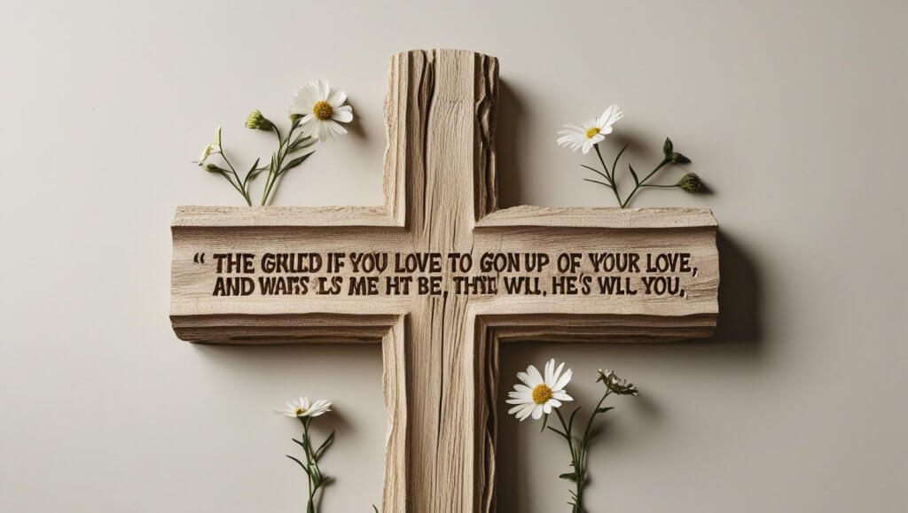 Bible quotes about family love carved into weathered wooden cross with flowers