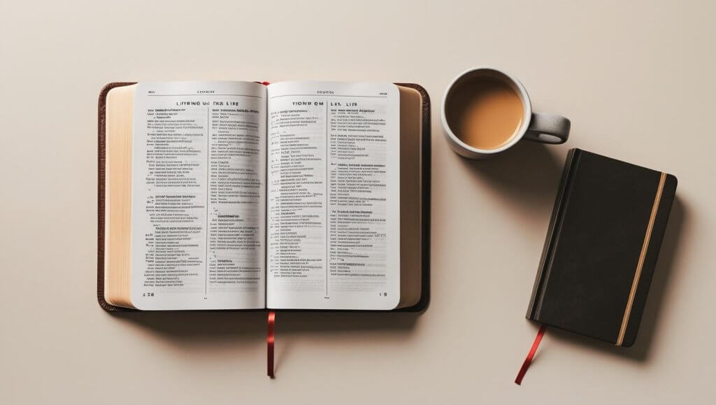 Young person studying bible verses about living life with purpose in beautiful outdoor prayer setting