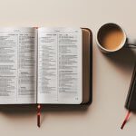 Young person studying bible verses about living life with purpose in beautiful outdoor prayer setting
