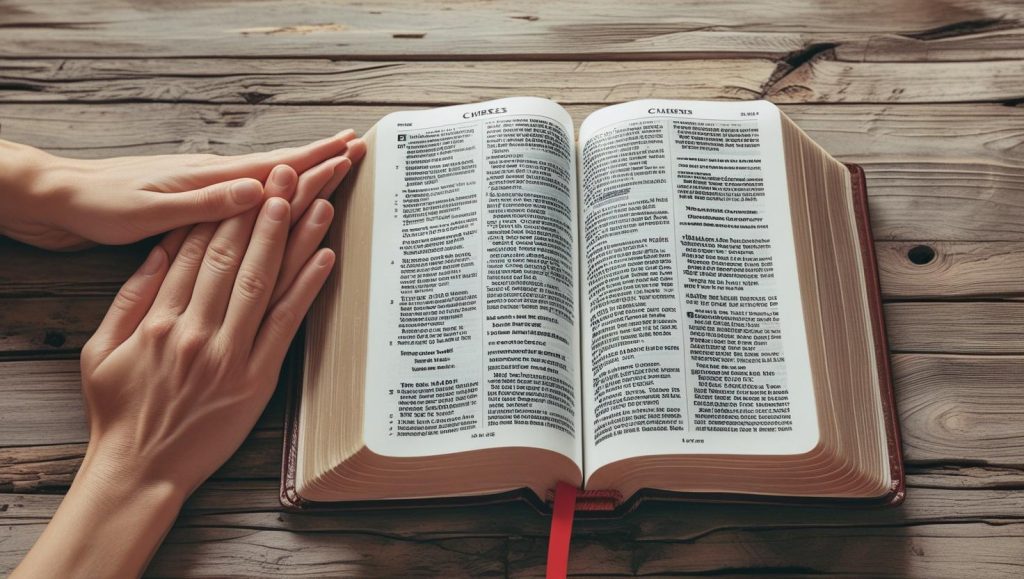 Bible verses to remove curses open on wooden table with prayer hands