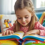 Child learning simple verses with colorful illustrated children's Bible book