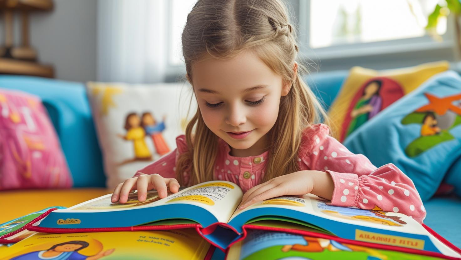 Child learning simple verses with colorful illustrated children's Bible book