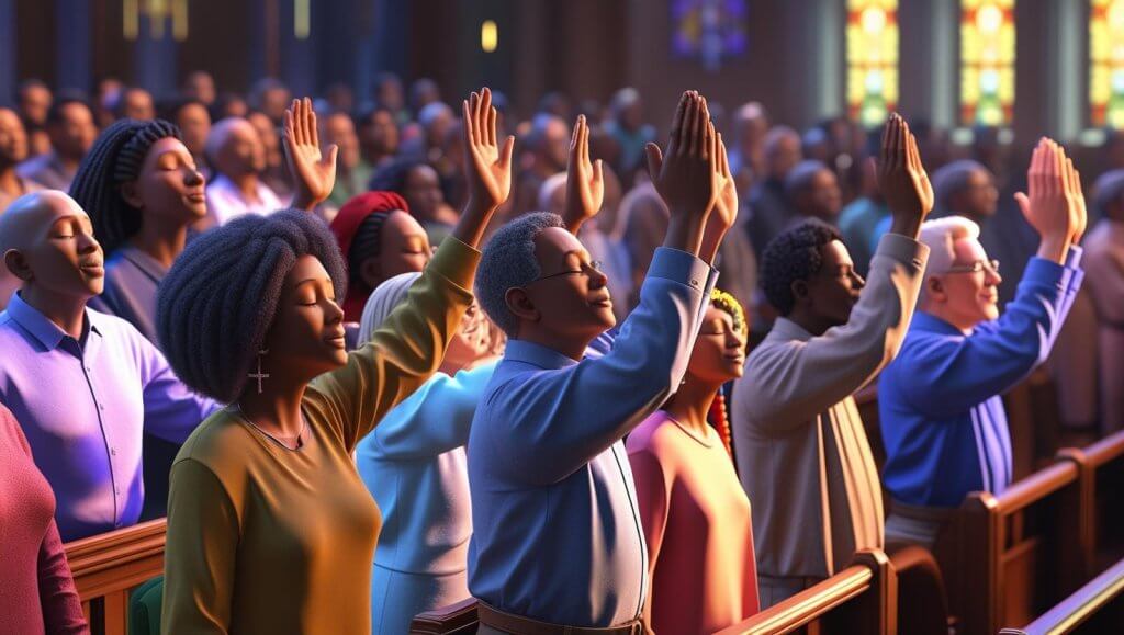Church congregation receiving benediction prayer blessing with raised hands