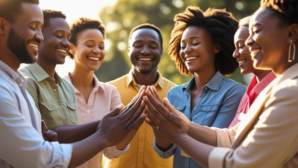 Church group participating in happy new month prayer circle for community blessings