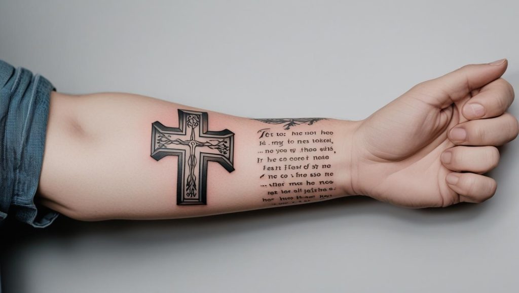 Cool bible tattoos design featuring cross and scripture verse on forearm placement