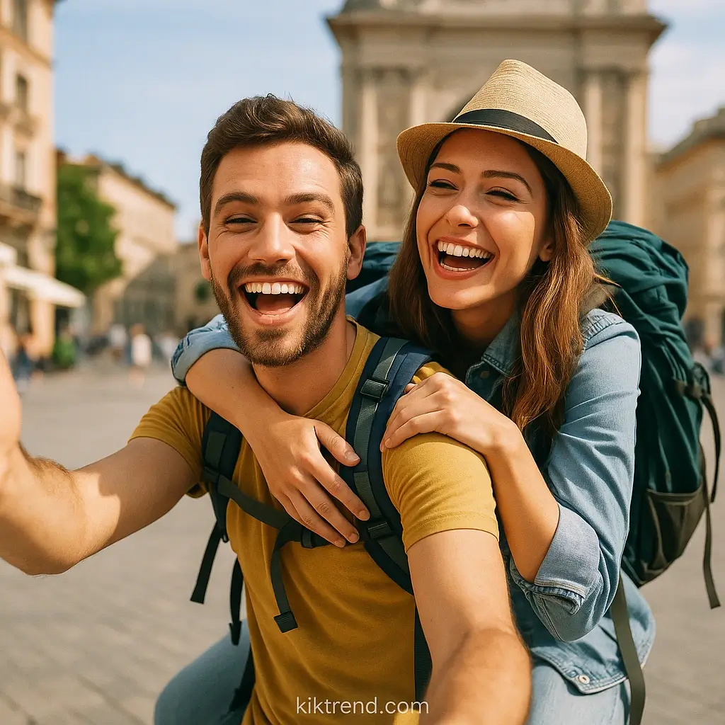 Short couple travel captions for instagram with romantic sunset backdrop showing happy couple
