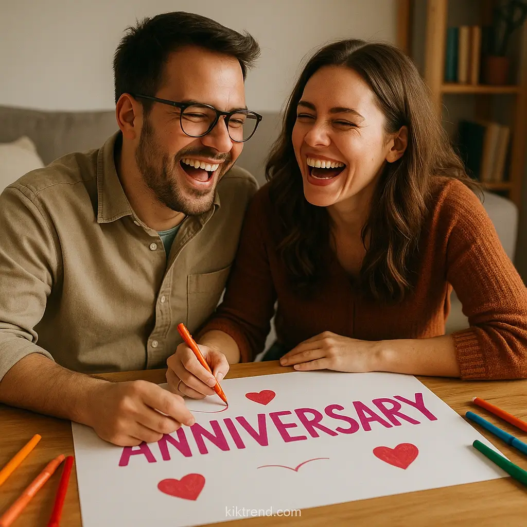 Couple laughing while creating anniversary instagram post with funny captions together