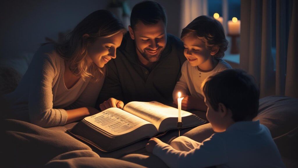 Family Bible study featuring bible quotes about family love in cozy evening setting