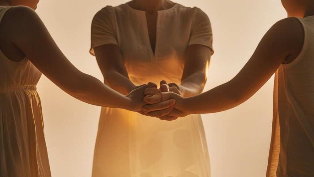 Family circle holding hands in prayer for family and friends during evening devotion time