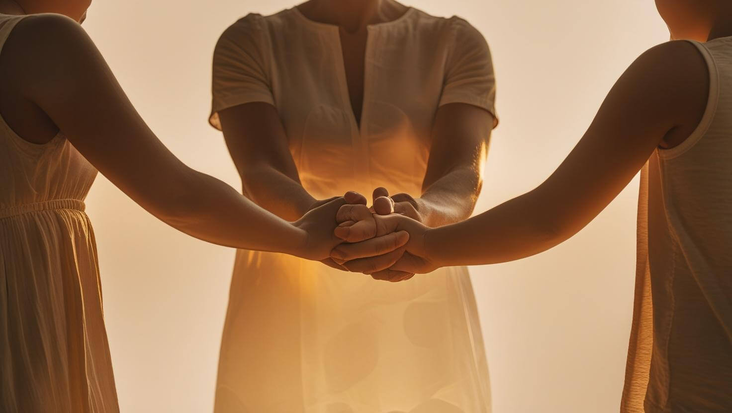 Family circle holding hands in prayer for family and friends during evening devotion time
