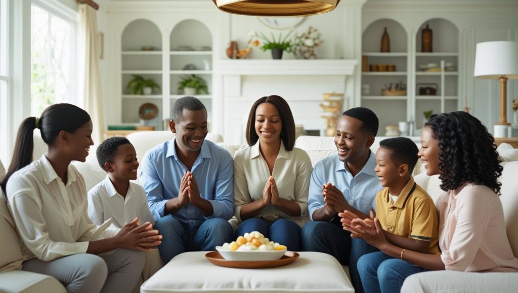 Family gathered for happy new month prayer blessing in living room together