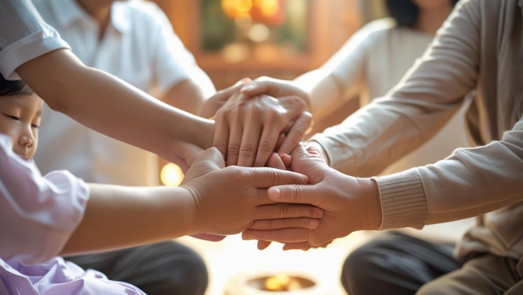 Family holding hands in morning prayer circle demonstrating good morning have a blessed day prayer tradition