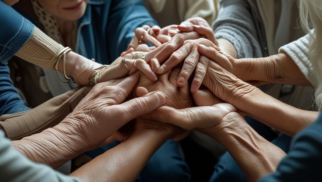 Group prayer circle offering healing prayer for a friend in hospital room
