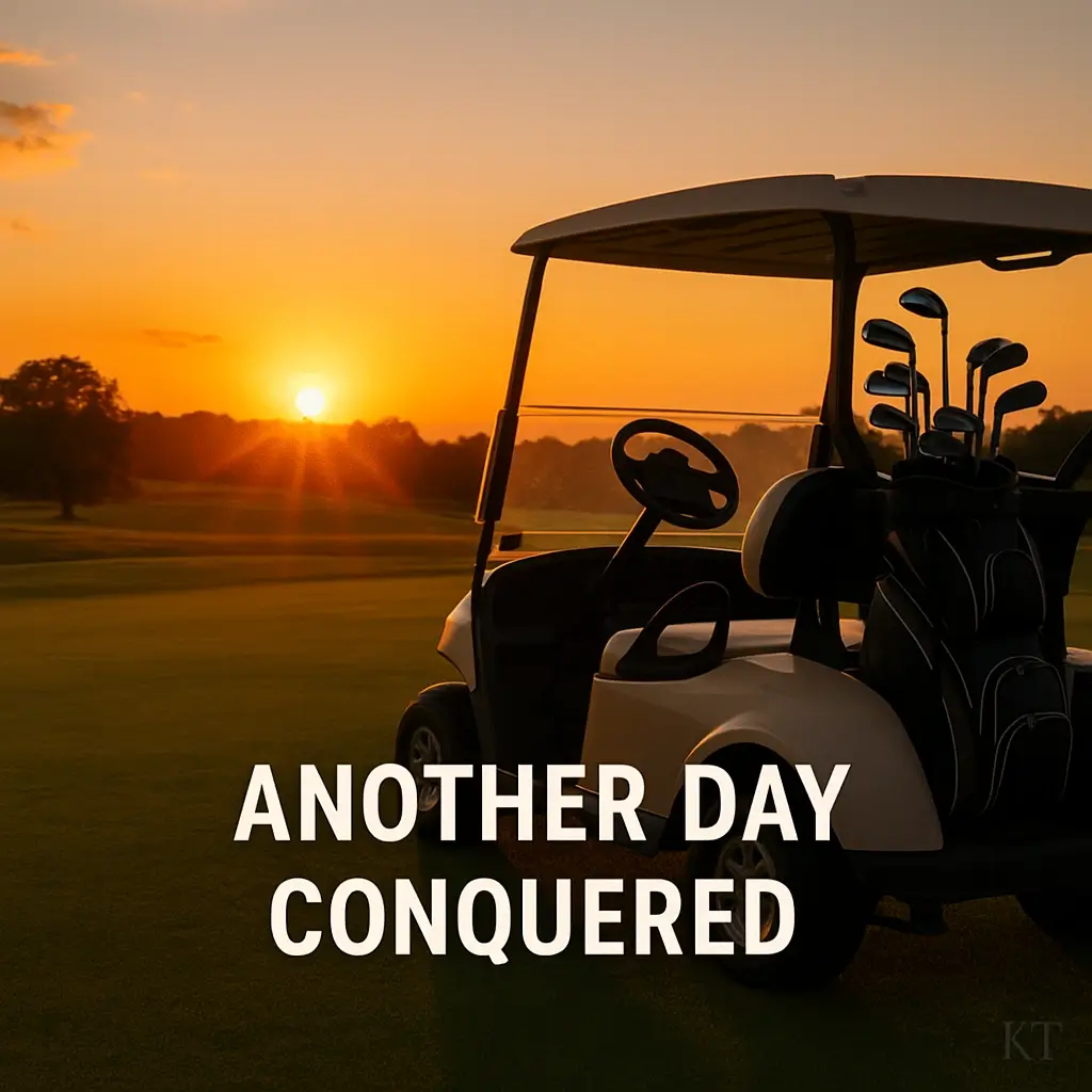 Short golf captions for Instagram inspiration with golf cart and clubs at sunset