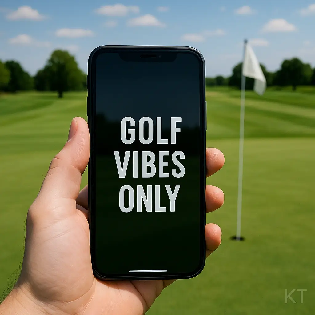 Short golf captions for Instagram displayed on mobile phone screen at golf course