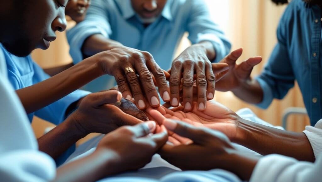 Group prayer circle offering healing prayer for a friend in hospital room