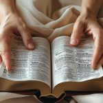 Hands holding Bible showing scriptures on giving and receiving with warm lighting