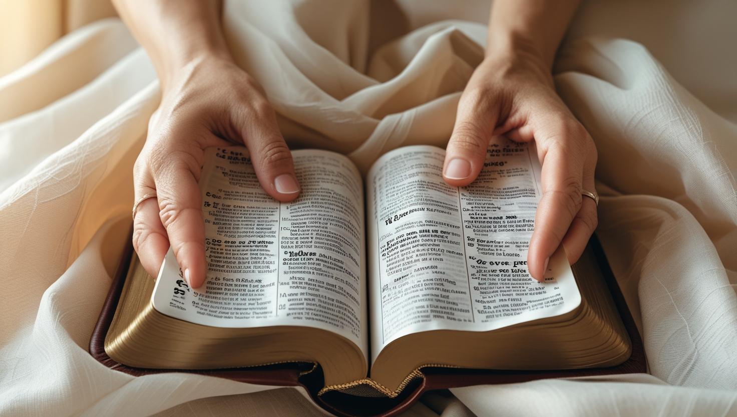 Hands holding Bible showing scriptures on giving and receiving with warm lighting