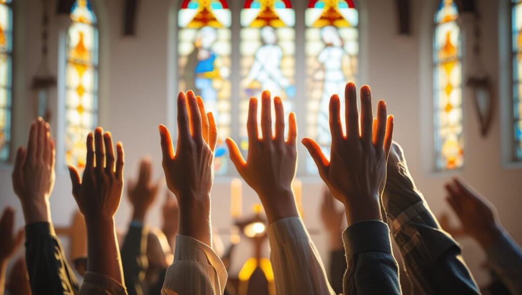 Hands raised in worship while asking God for grace and mercy in church setting