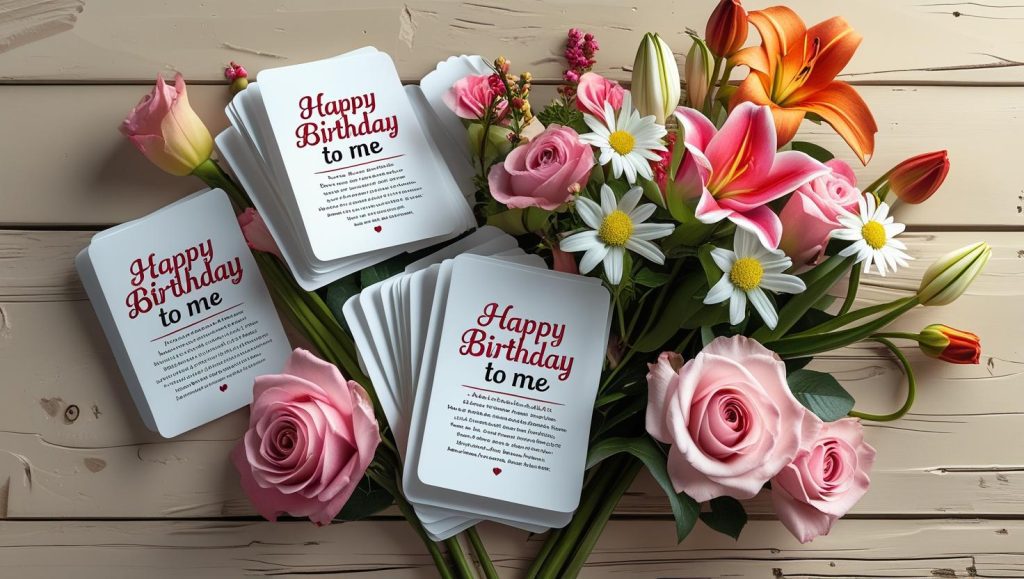 Happy birthday to me prayer cards arranged with fresh flowers on wooden surface