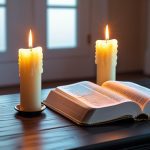 Happy new month prayer candles lit during morning devotional time with open Bible