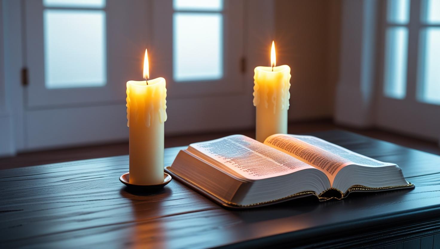 Happy new month prayer candles lit during morning devotional time with open Bible