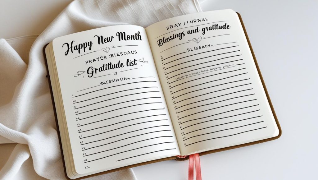 Happy new month prayer journal with written blessings and gratitude list open