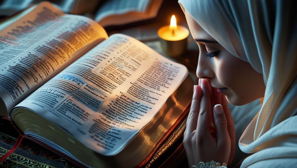 Healing prayer for a friend with open Bible and peaceful candlelight setting