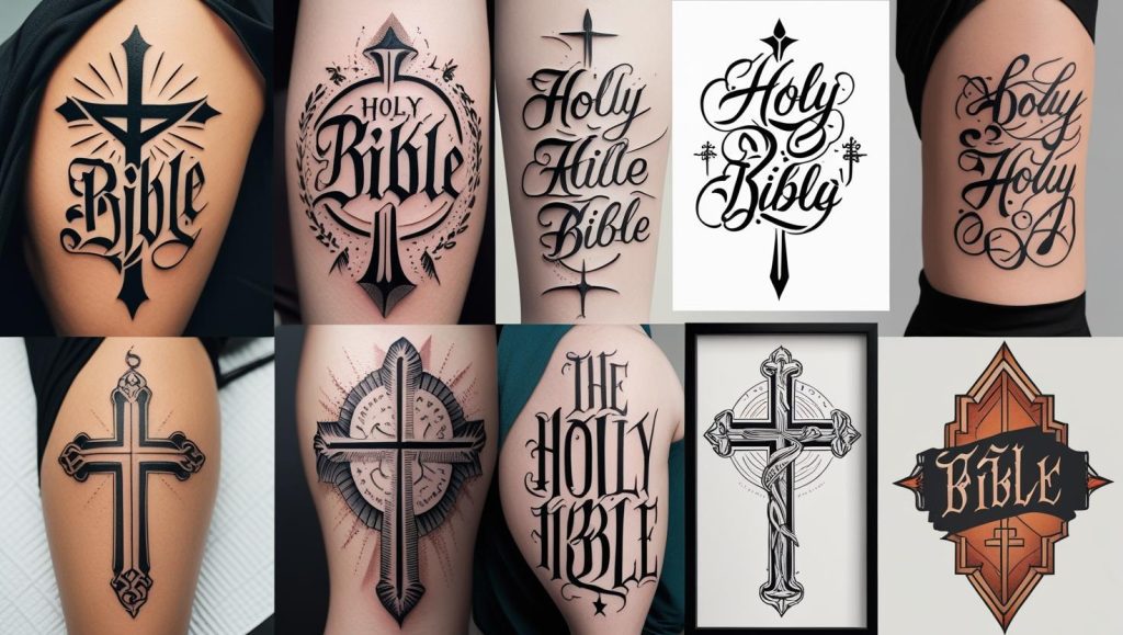 Holy bible tattoo design examples with calligraphy and modern font variations