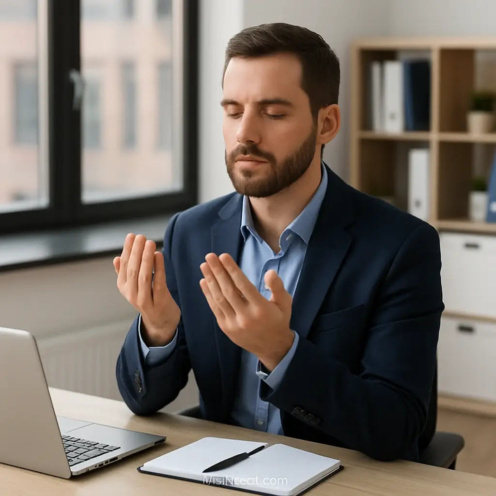 Person practicing afternoon prayer in peaceful office setting with natural light