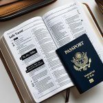 Open Bible with highlighted bible verses for travelling safe next to travel essentials like passport