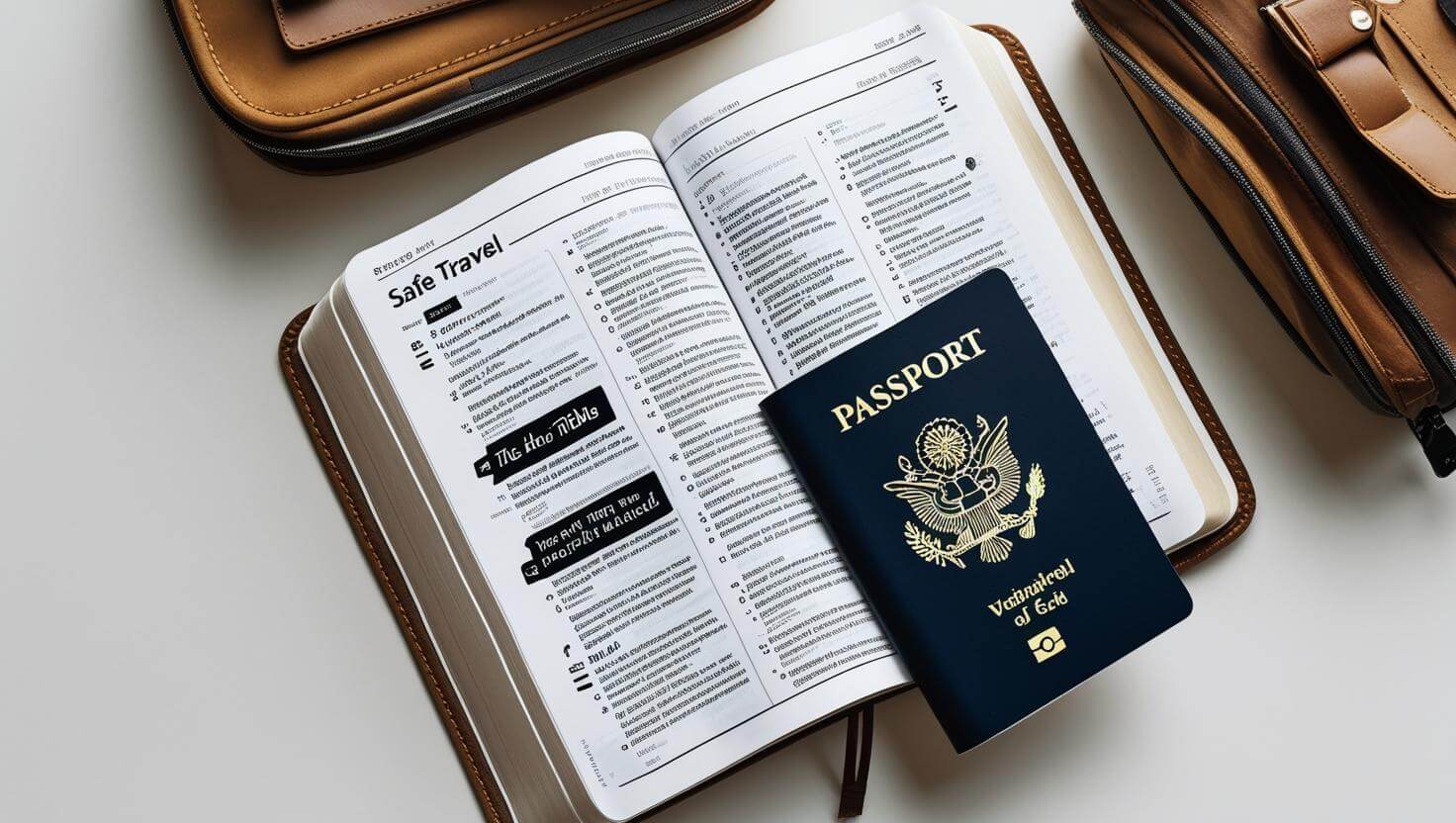 Open Bible with highlighted bible verses for travelling safe next to travel essentials like passport