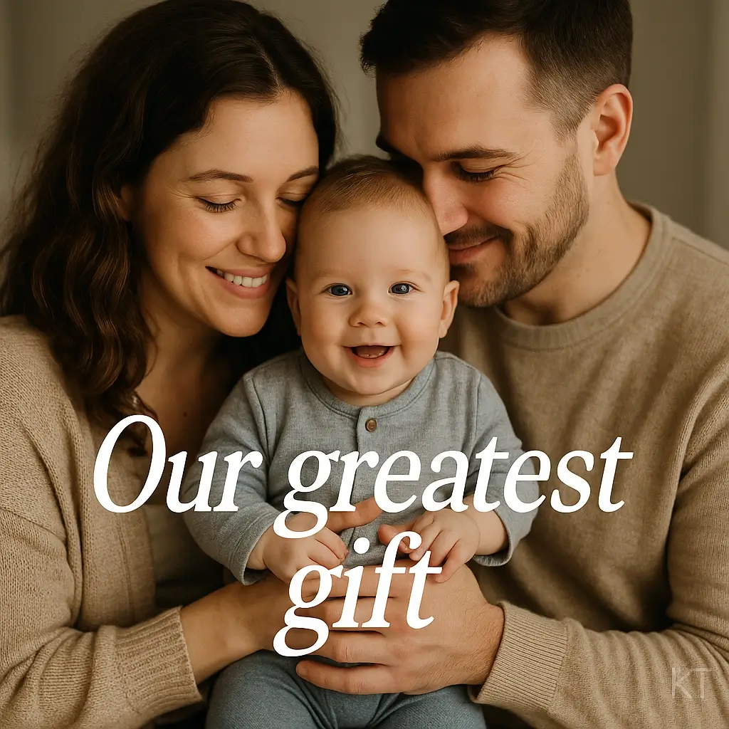 One word caption for son displayed over heartwarming family photo