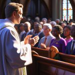 Pastor delivering benediction prayer to congregation during Sunday church service