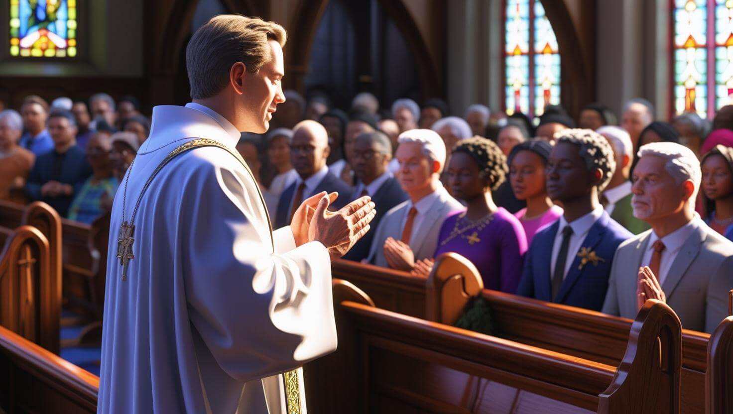 Pastor delivering benediction prayer to congregation during Sunday church service