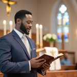 Pastor reading bible verses about communion aloud during Sunday worship service at church