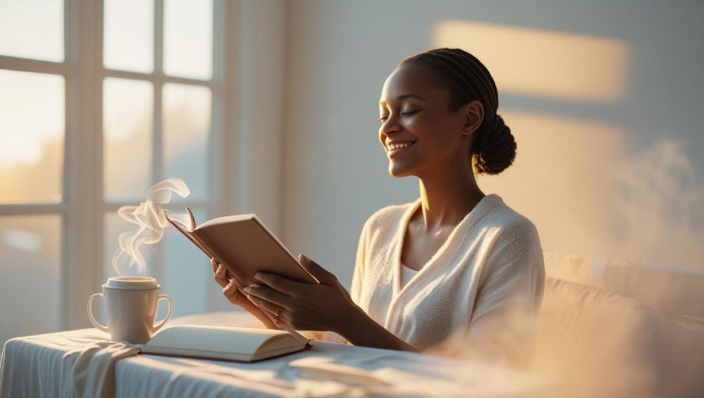 Woman saying happy birthday to me prayer with candles and open Bible on table