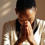 Person kneeling in prayer asking God for grace and mercy with peaceful lighting
