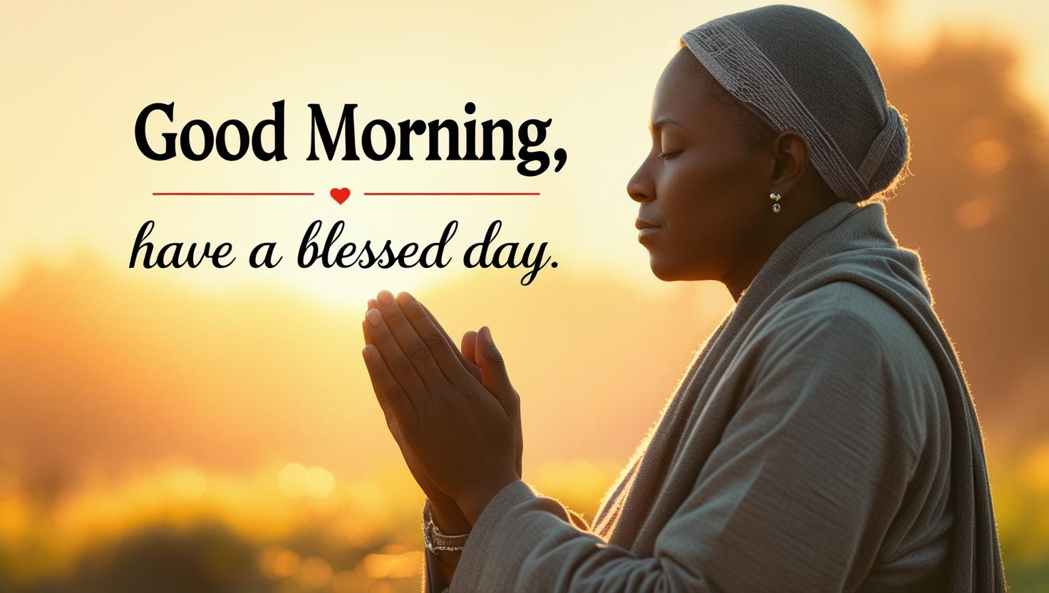 Person praying at sunrise with good morning have a blessed day prayer text overlay, peaceful morning devotion