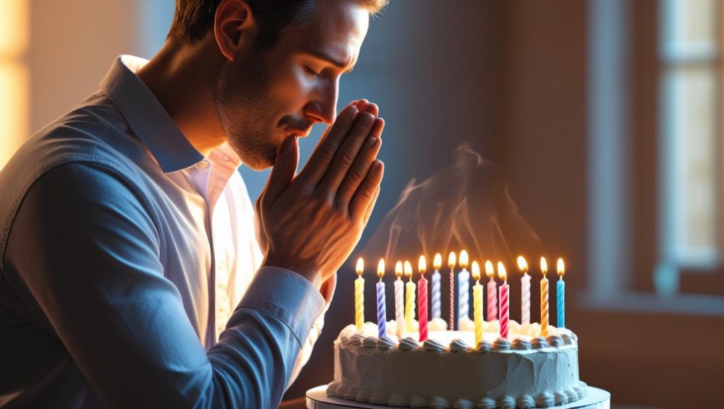 Person praying with birthday candles creating peaceful spiritual atmosphere