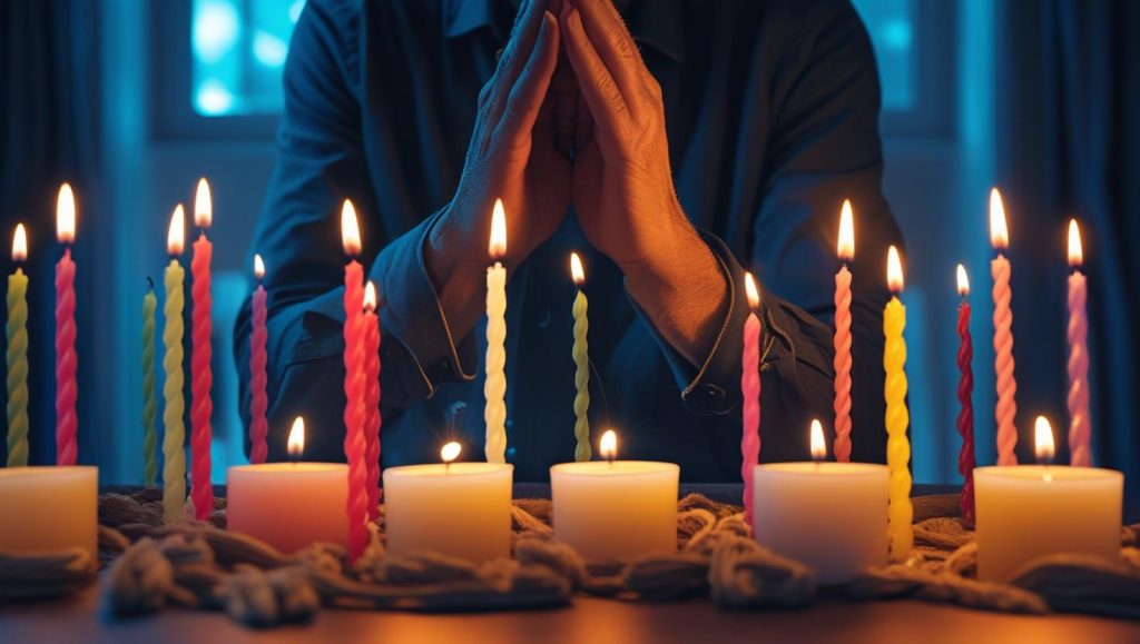 Person praying with birthday candles