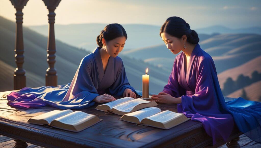 Scriptures on temptation with open Bible and cross on wooden table in morning light