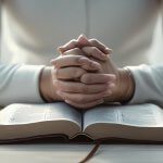 Prayer for family and friends with hands folded over open Bible in peaceful morning setting