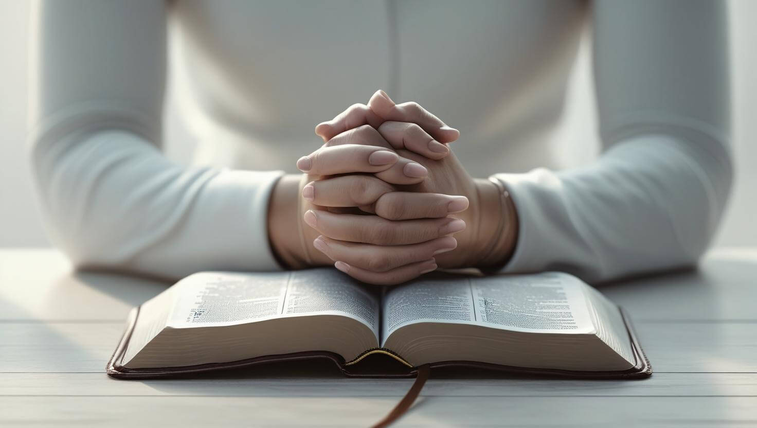 Prayer for family and friends with hands folded over open Bible in peaceful morning setting