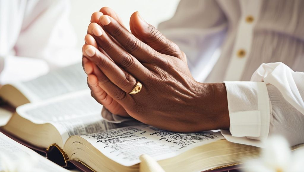 Prayers for thanksgiving with open Bible and hands in prayer position during worship